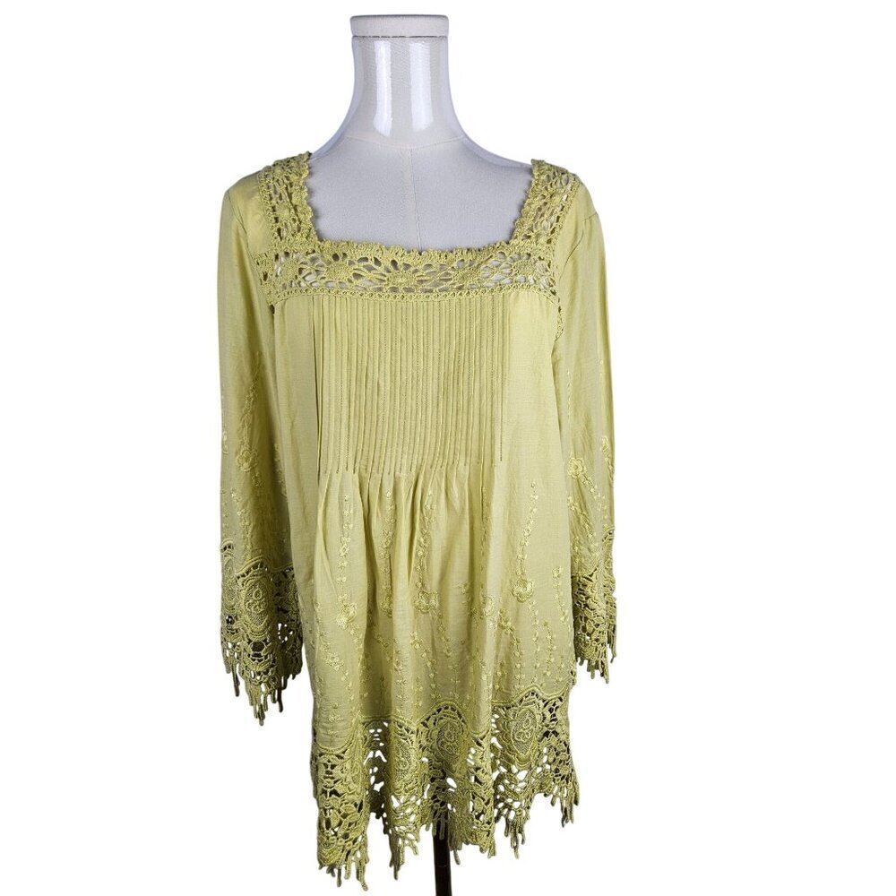 Sundance Crochet Embroidery Tunic‎ Top Medium Green Boho Feminine Romantic